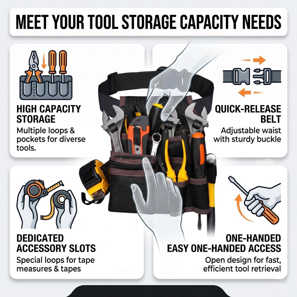 Tools Pouch with Adjustable Belt, Durable Utility Tool Holder for Craftsmen, Electricians, and Handymen, Multiple Tool Slots
