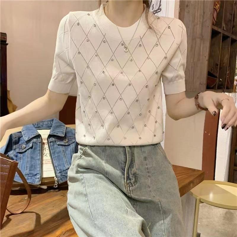 Women Diamond Grid Rhinestone Knit T-shirt Crew Neck Short Sleeve Fitted Casual Sweater