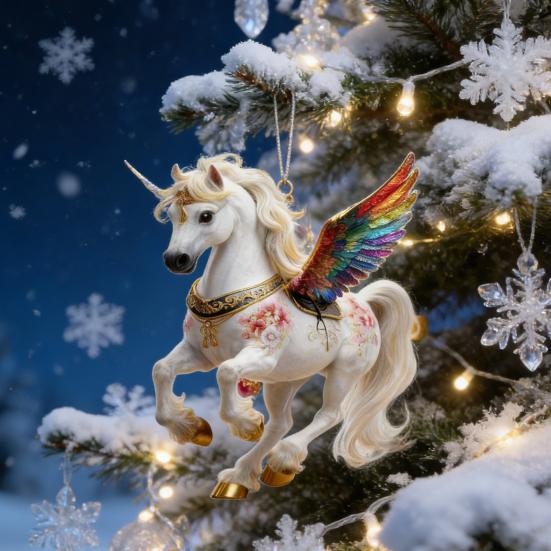 Pferd Ornament Acryl 2D Flach Realistisch Fliegendes Pferd Weihnachtsbaum Anhänger mit Funkelndem Strassstein Zuhause