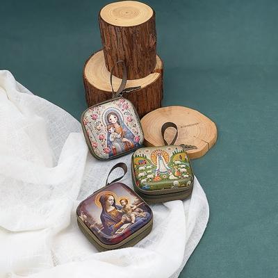 Portable Virgin Mary Prayer Rosary Storage Bag Zippered 7x7cm Religious Articles Cartoon Elegant Prayer Kit Devotees