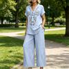 Dames Losvallend Linnen Tweedelig Set Geborduurd Top met Korte Mouwen en Wijde Pijpen Broek Casual Outfit voor Dagelijks Gebruik