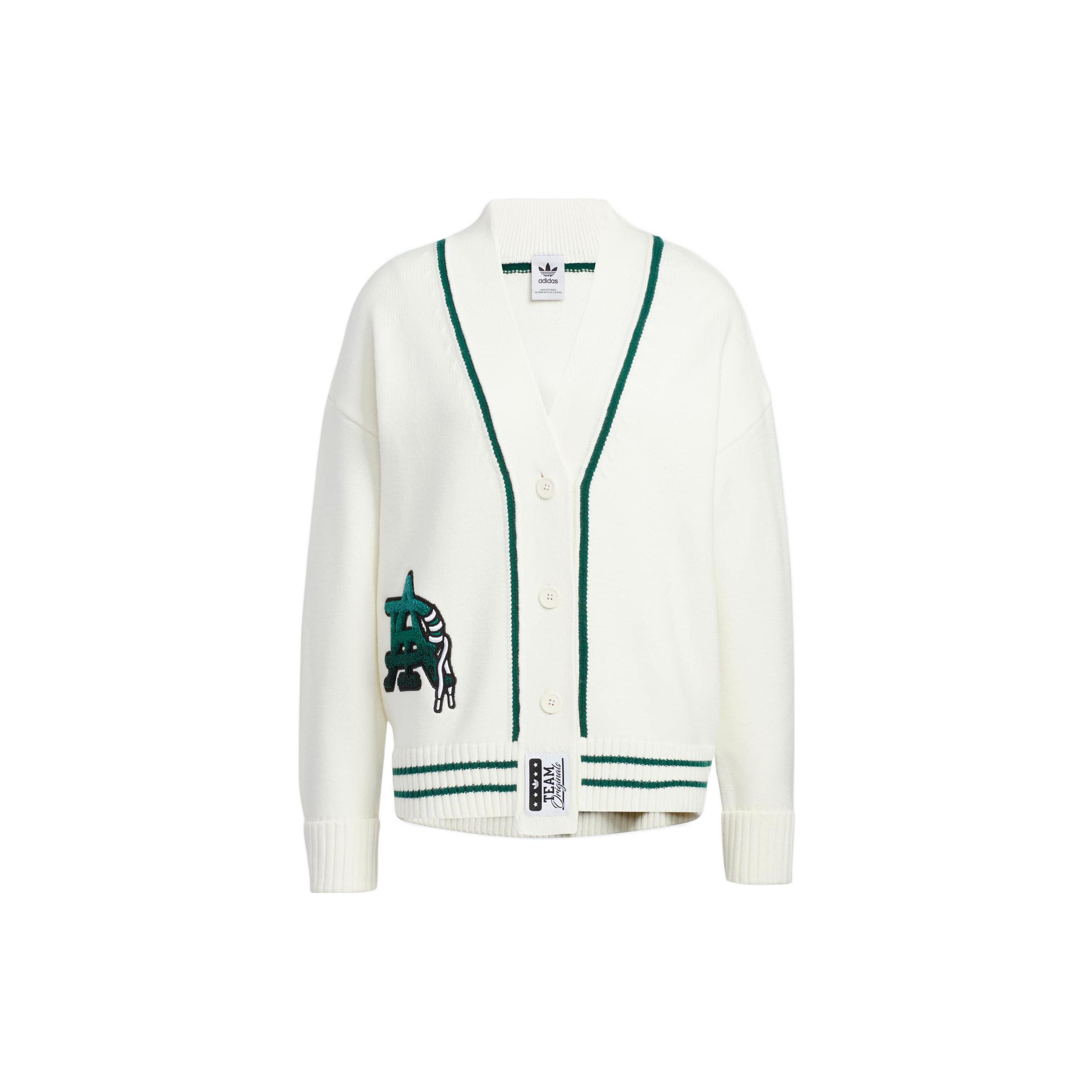 adidas Originals Varsity Style V-Neck Knit Cardigan Off White Collegiate Green Women HS9522 S
