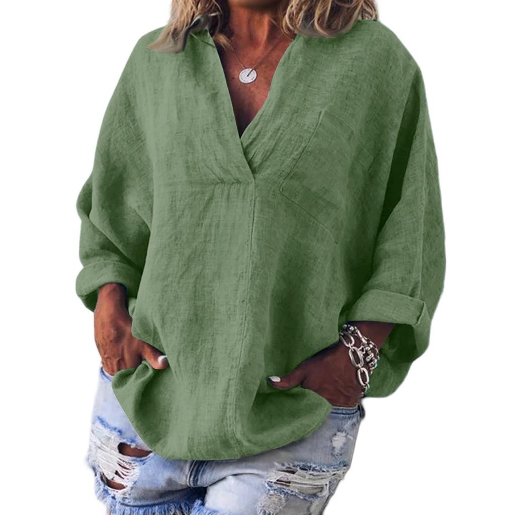 Damenmode Lässiges Pullover-Oberteil aus Baumwolle und Leinen mit V-Ausschnitt und langen Ärmeln