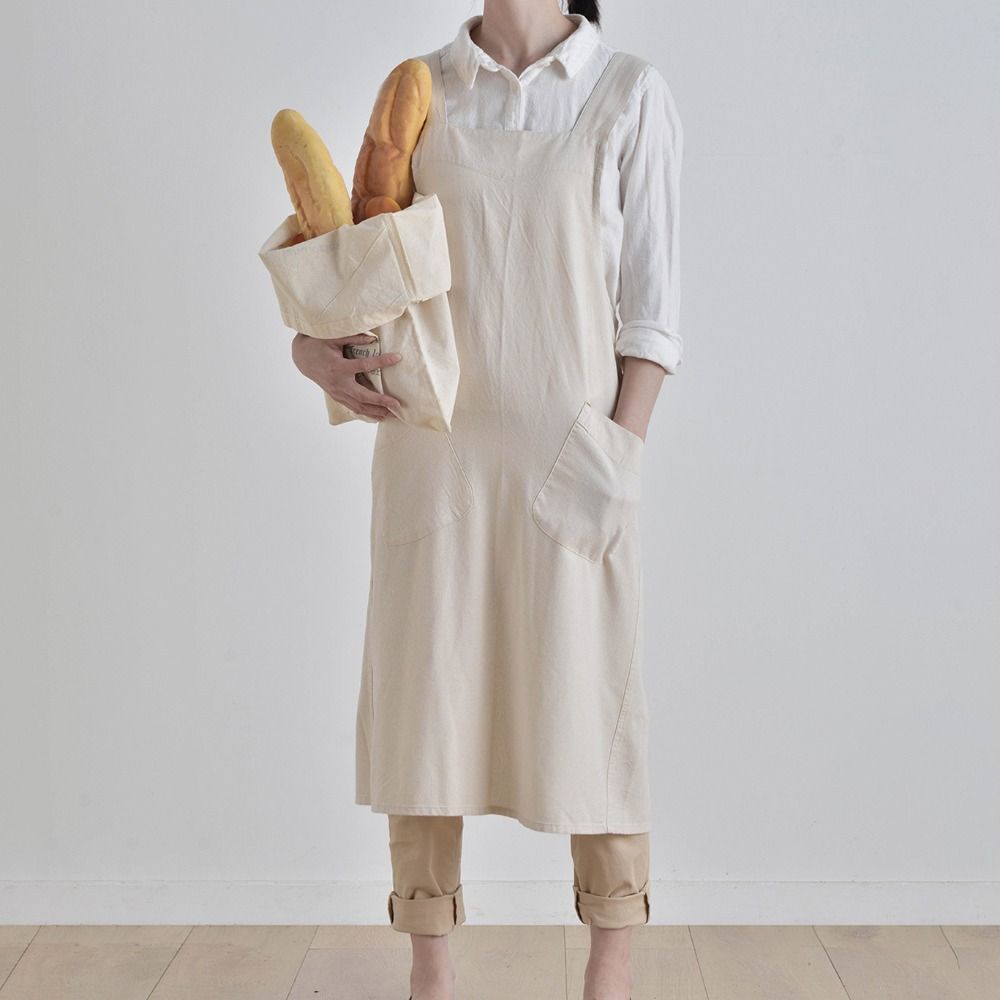 With Pockets Cross Back Apron Cotton Linen Pinafore Dress Durable Work Apron Baking Cooking BBQ