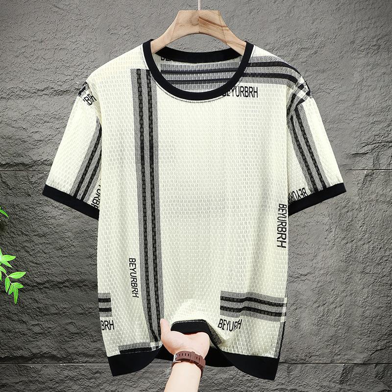 Men's Plus Size Hollow Out Striped T-Shirt Summer Lightweight Oversized Bamboo Fiber Big Tall 5XL-12XL