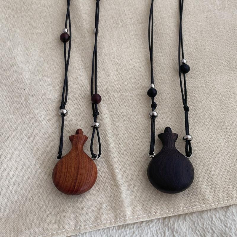 Handmade Retro Wood Beads Necklace Showcasing Artistic Gourd Kettle Charm Trendy Unisex Sweater Chain Accessory