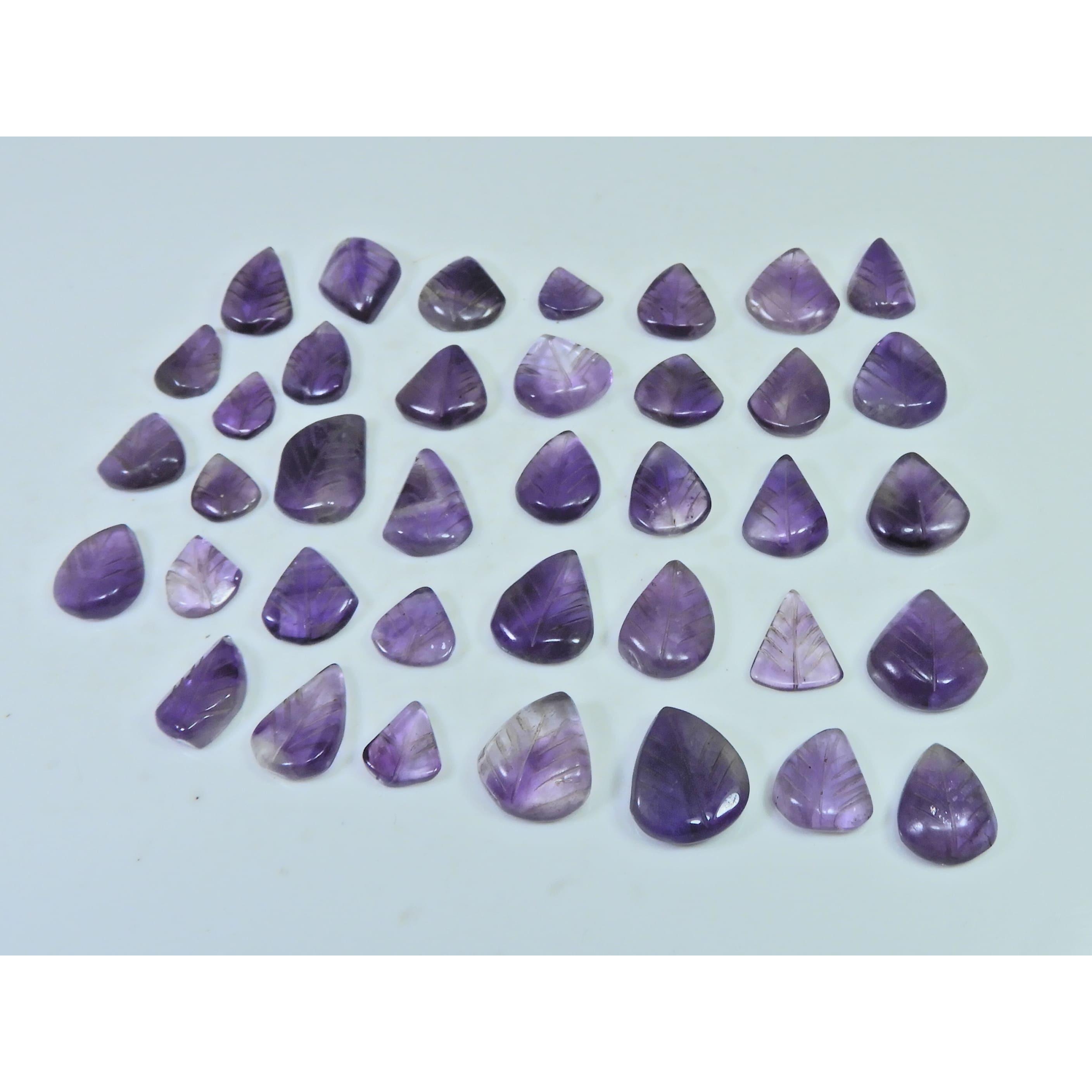 182Cts. Natural Amethyst Leaf Carving Pear Shape Cabochon Gemstone 32Pcs Lot C-1904