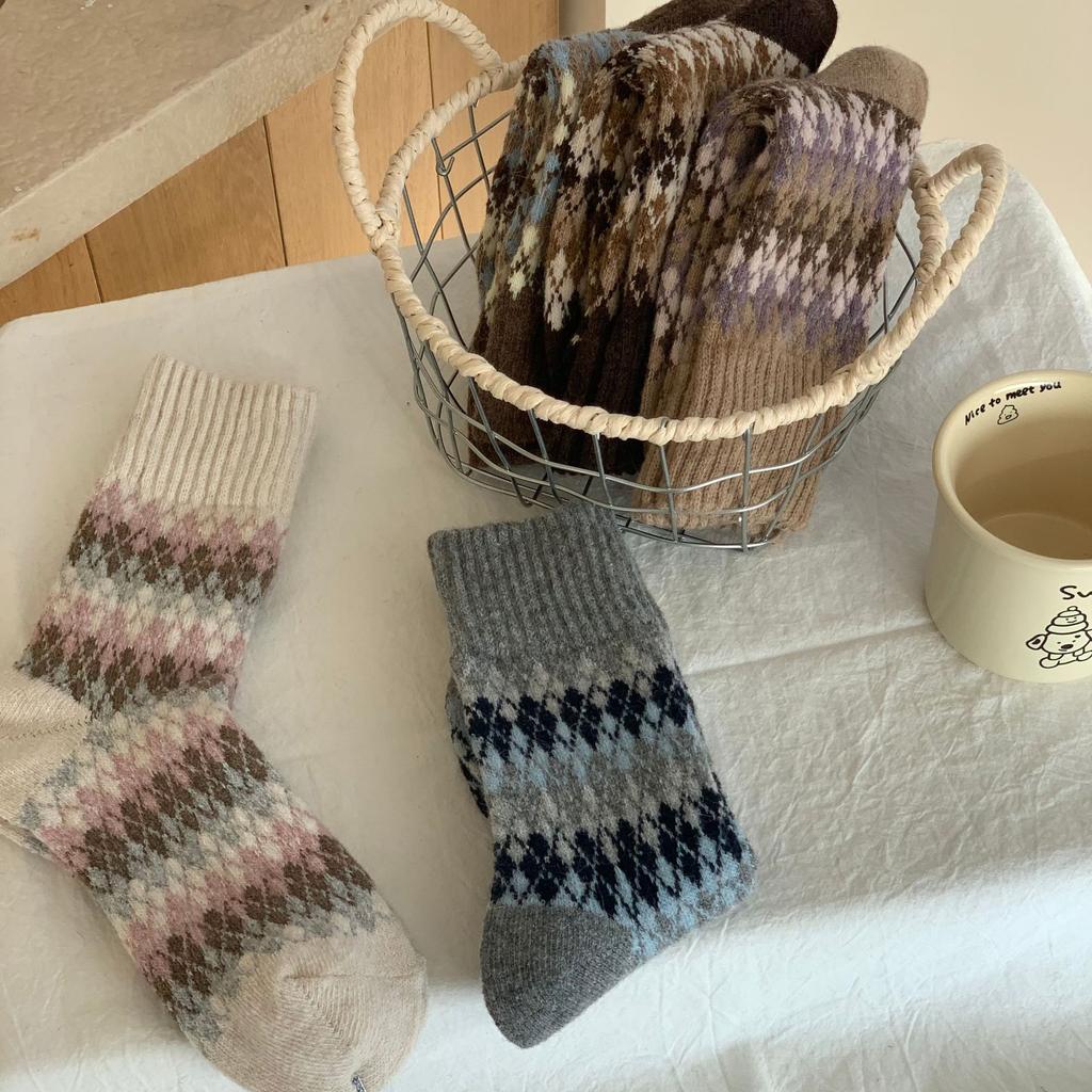 Little Red Book Thickened Warm Wool Socks For Children Piles Up Winter Diamond Lattice Nordic Style Socks