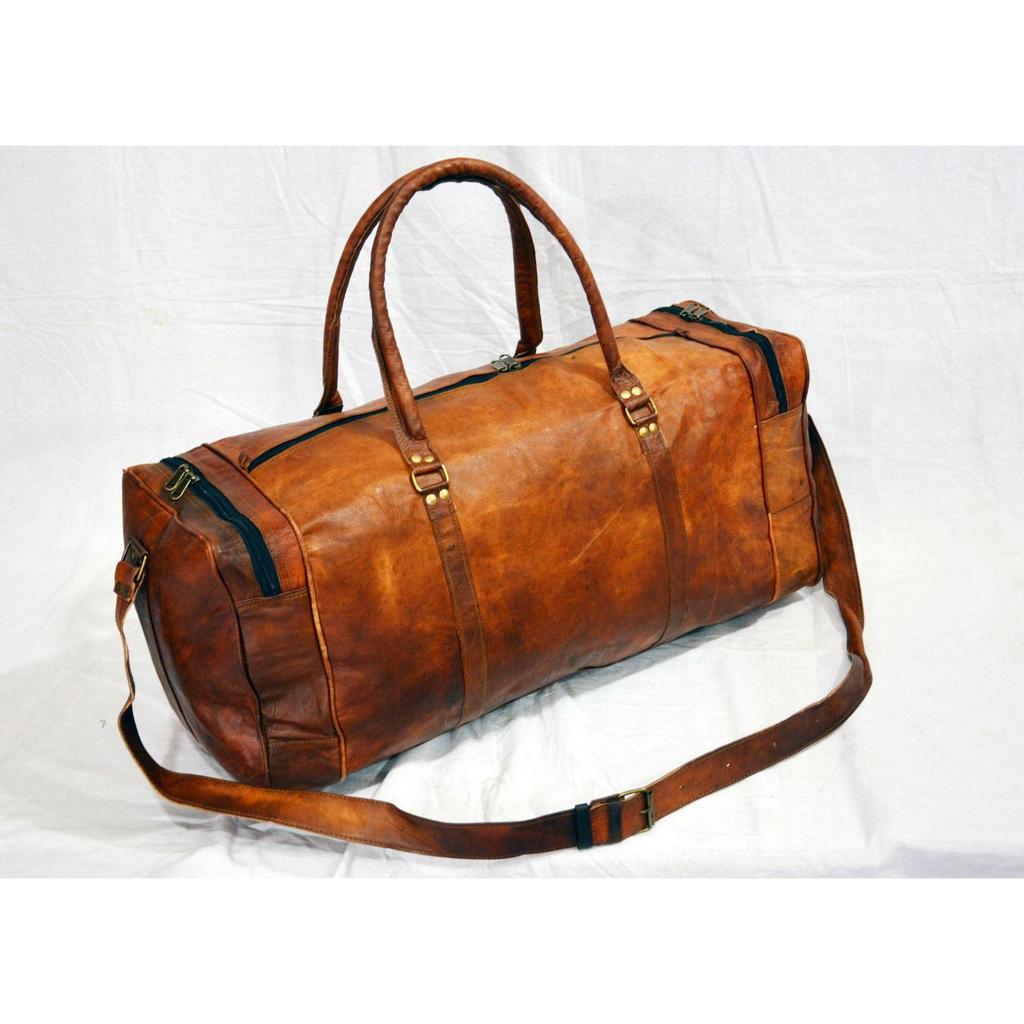 Men's Brown Genuine Goat Leather  Travel Luggage Duffle Gym Overnight Bag