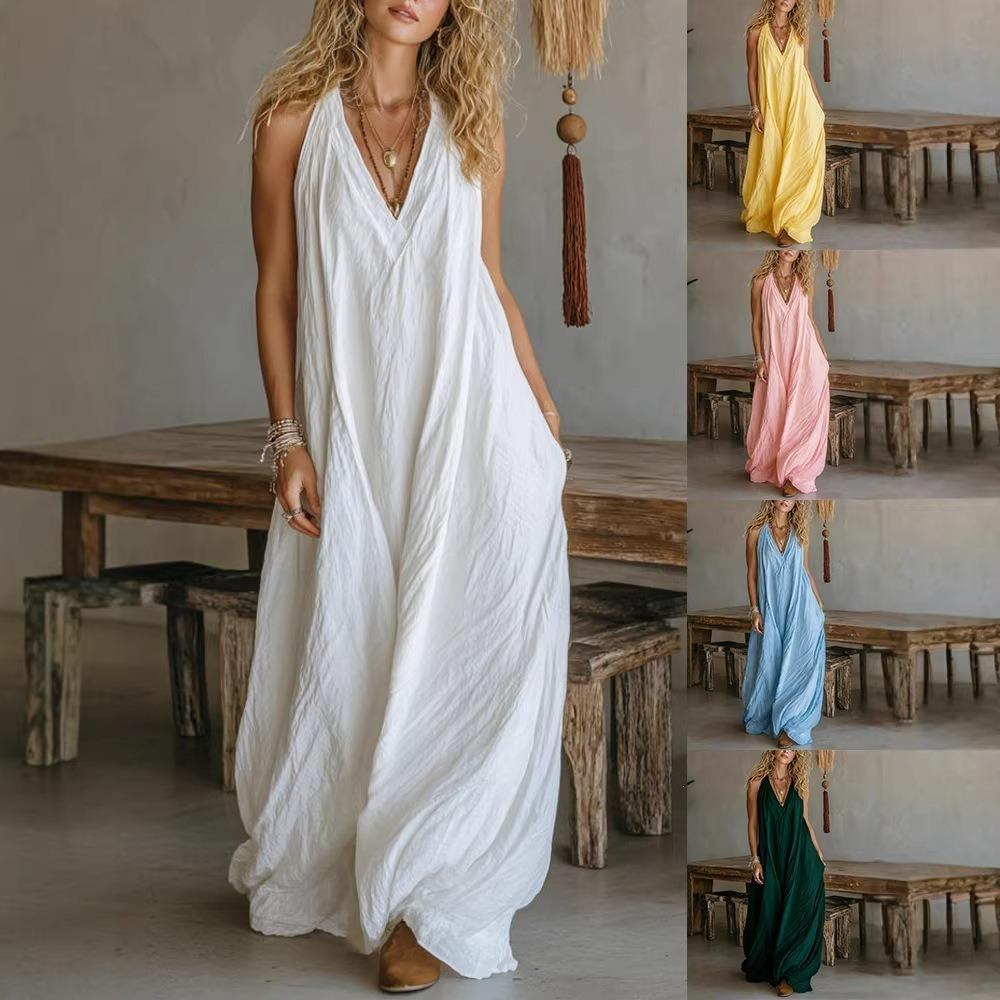 Women's V Neck Sleeveless Maxi Dress Loose Fit Relax Waist Casual Solid Color Sundress