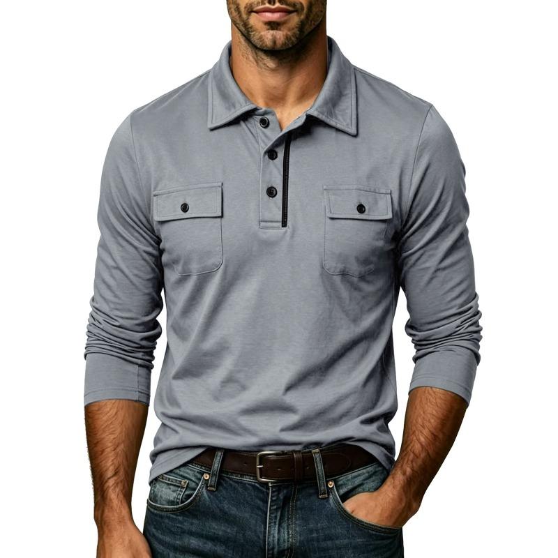 Men Long Sleeve Pocket Lapel Collar Casual Polo Shirt Outdoor Leisure Mens Top