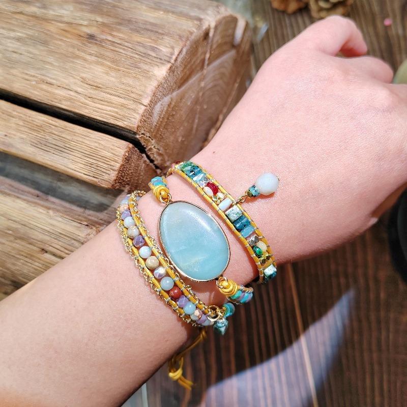 Bohemian Style Natural Amazonite Creative Hand-woven Vintage Bracelet, Three-layer Adjustable Floral Clasp, Suitable for Both Men and Women.