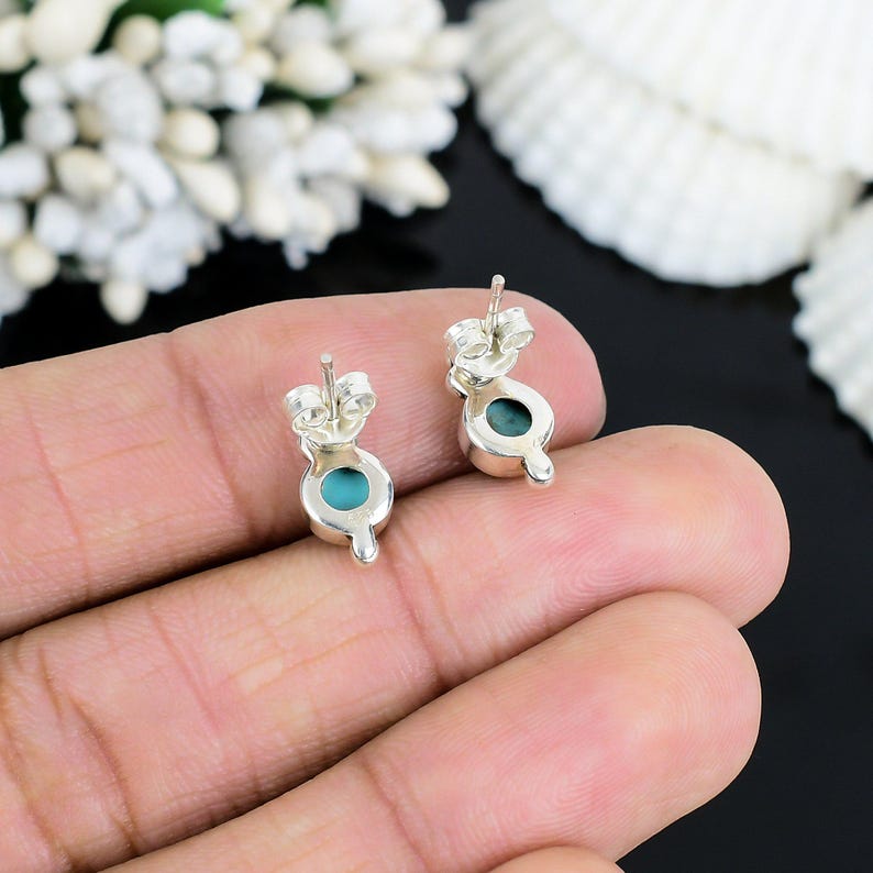 Solid 925 Sterling Silver Round Turquoise Minimalist Stud Earrings Gift For Her Designer Boho Earrings