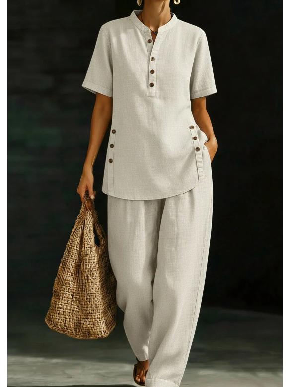 2026 European & American Casual Button-down Shirt and Wide-leg Pants Linen Set