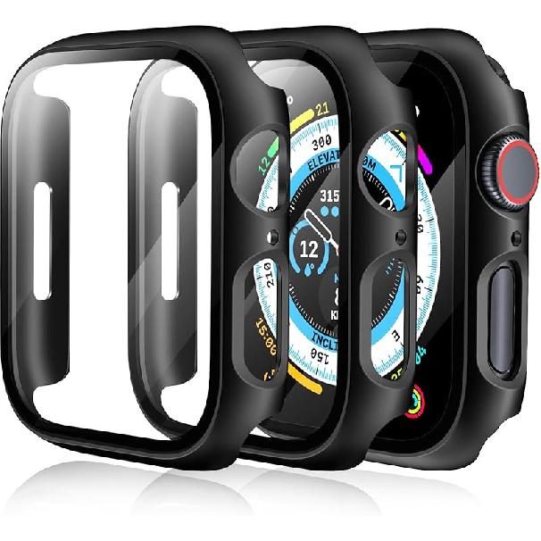 [3 Pack] Case for Apple Watch Series 9 Screen Protector 41mm Series 8 Series 7, EWUONU Hard PC Bumper Cover HD Tempered Glass Full Protective Case 41mm