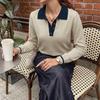 Autumn/Winter 2026 Women's Casual Color Block Lapel Knit Sweater