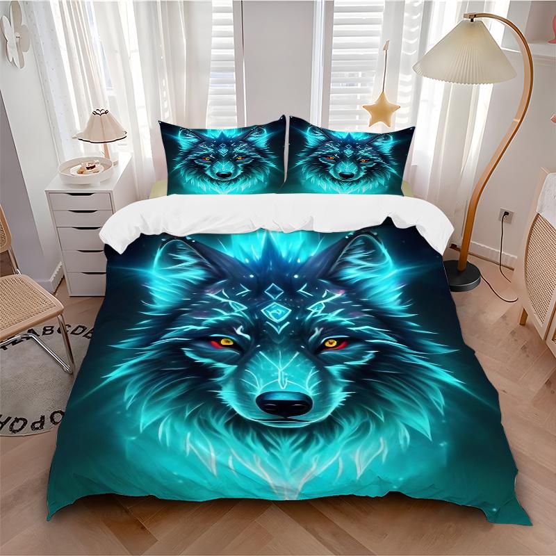 3pcs Mystical Beast with Glowing Blue Fur Wolf Quilt Set Cartoon Themed Bed Quilt Set Lovely Character Bedroom Decor Bed Quilt Set Four Seasons (