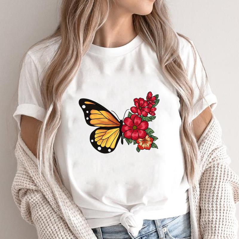 (Asian Size) Lovely Butterfly 90s Print Fashion Female Short Sleeve T-shirts Women's Top T Clothing Casual O-neck Graphic Tee