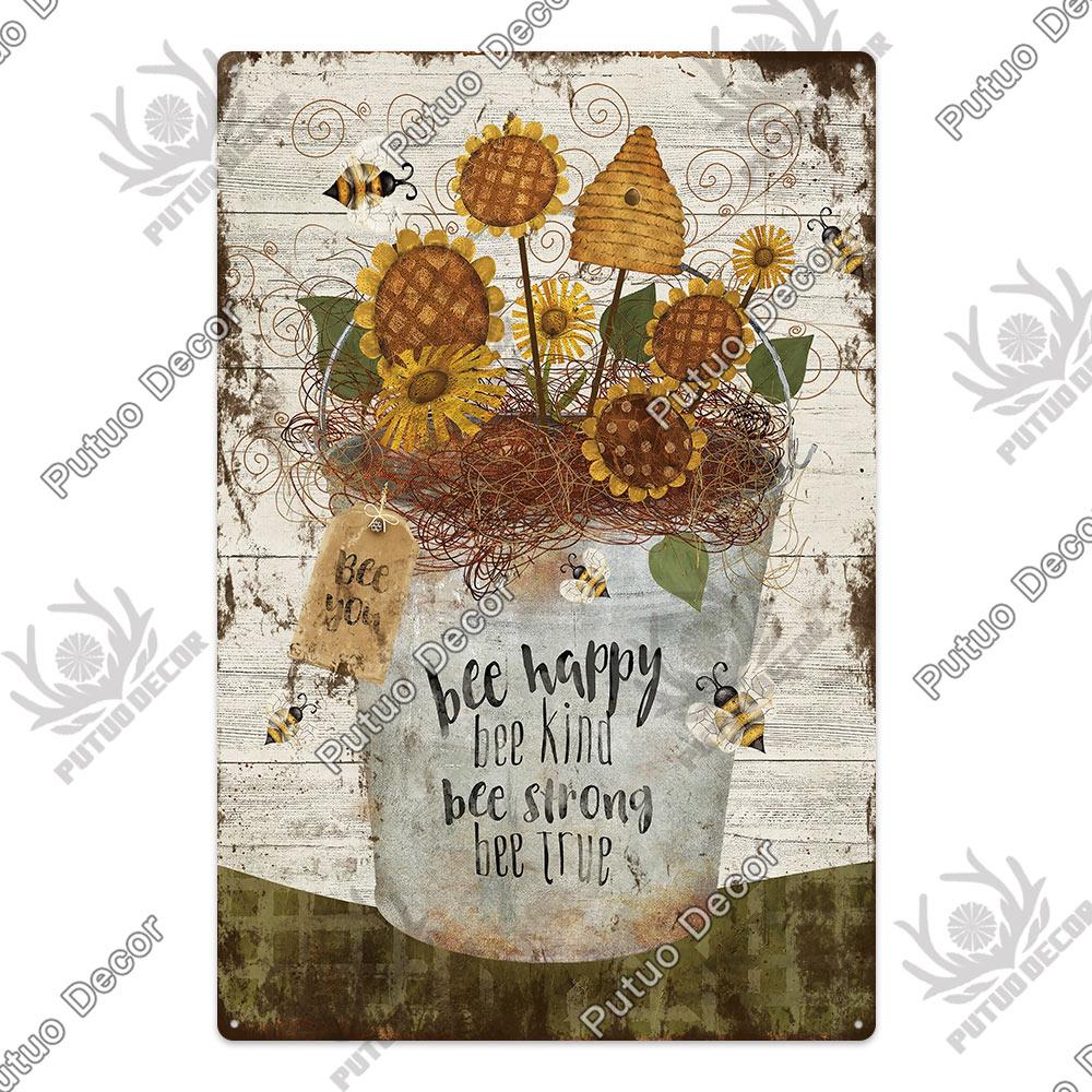 Putuo Decor Bee Vintage Metal Plaque Tin Sign Sweet Poster Wall Decoration For Garden Farm Decorative Living Room Home Decor