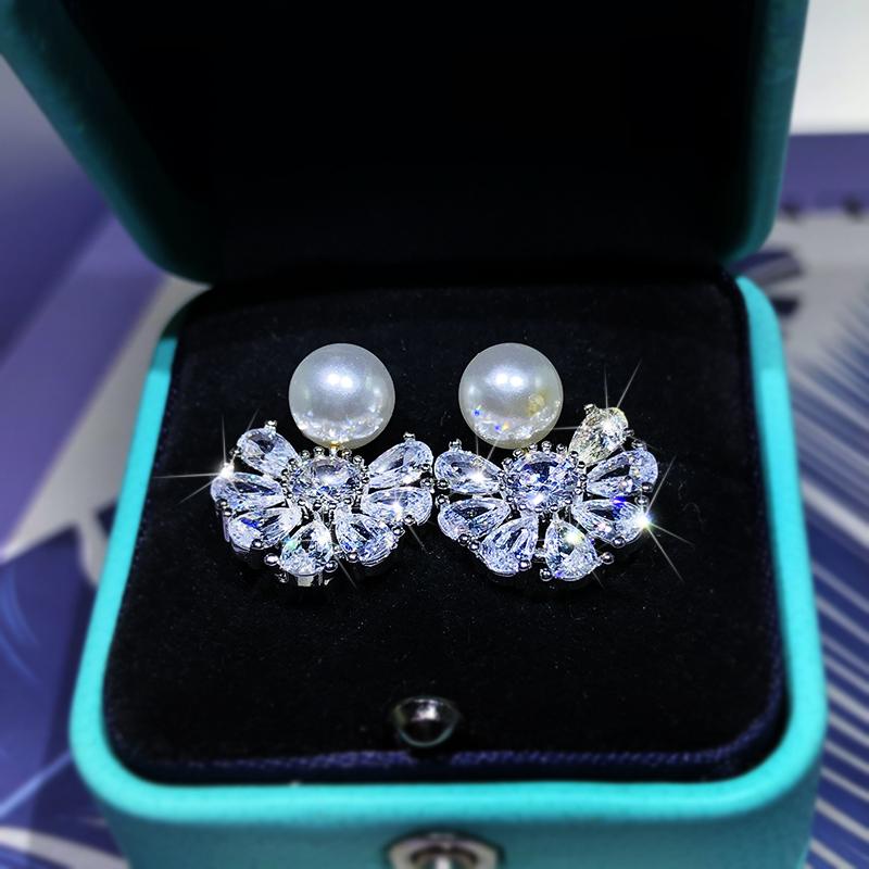 Elegant Temperament Pearl Snowflake Earrings Ladies  Sterling copper Fashion copper Jewelry Party Anniversary Jewelry Gift