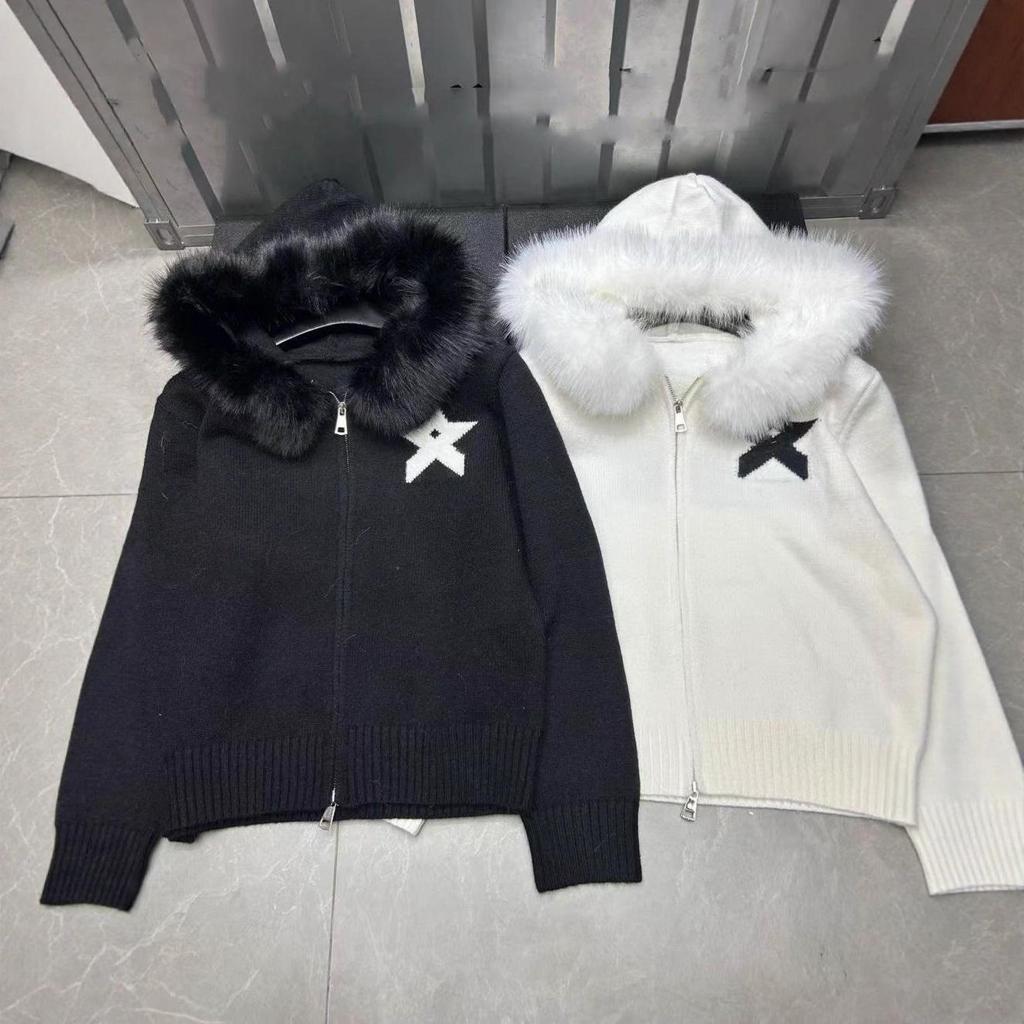D Family 2025 Autumn/Winter Star Jacquard Hooded Knit Cardigan - Relaxed Fit