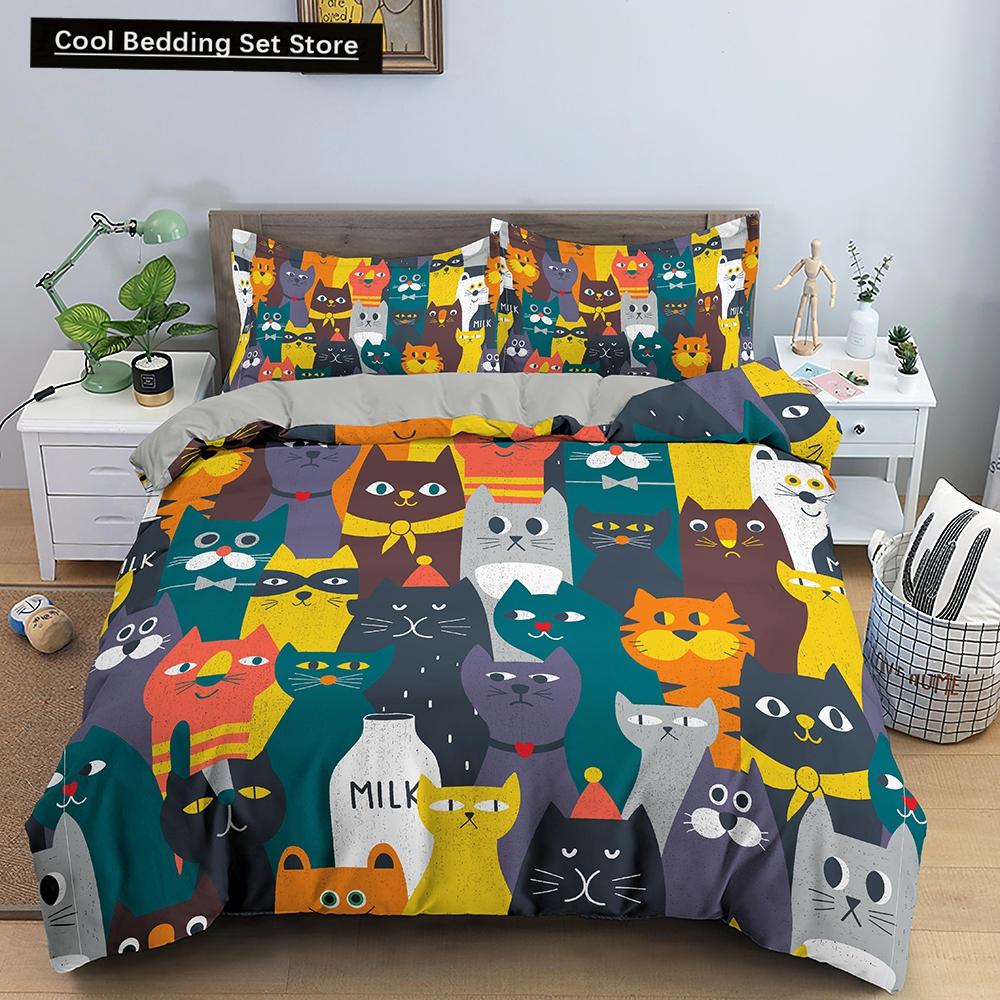 Comforter Cartoon Cat King Queen Colorful Lovely Animal Bedding Set Kids Pet Kitty Soft Polyester Comforter