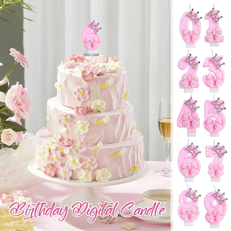 0-9 Pink Number Crown Bow Birthday Candle with Drip-Prevention Tray for Birthday Party Wedding Anniversary Cake Decoration