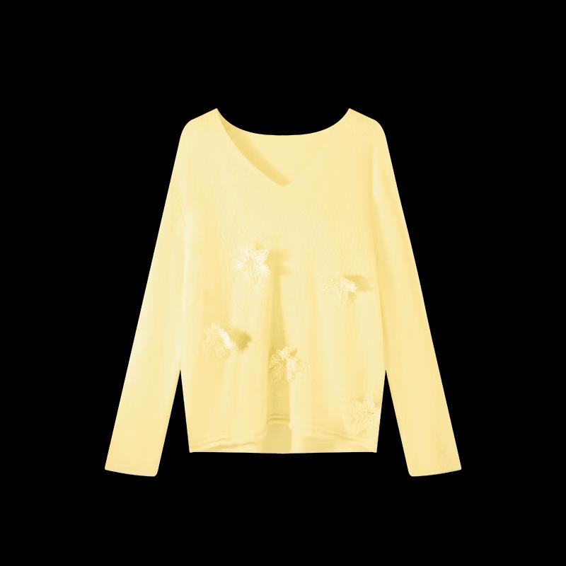 HECO Star Flower Embroidered V-Neck Wool Blend Knit Sweater