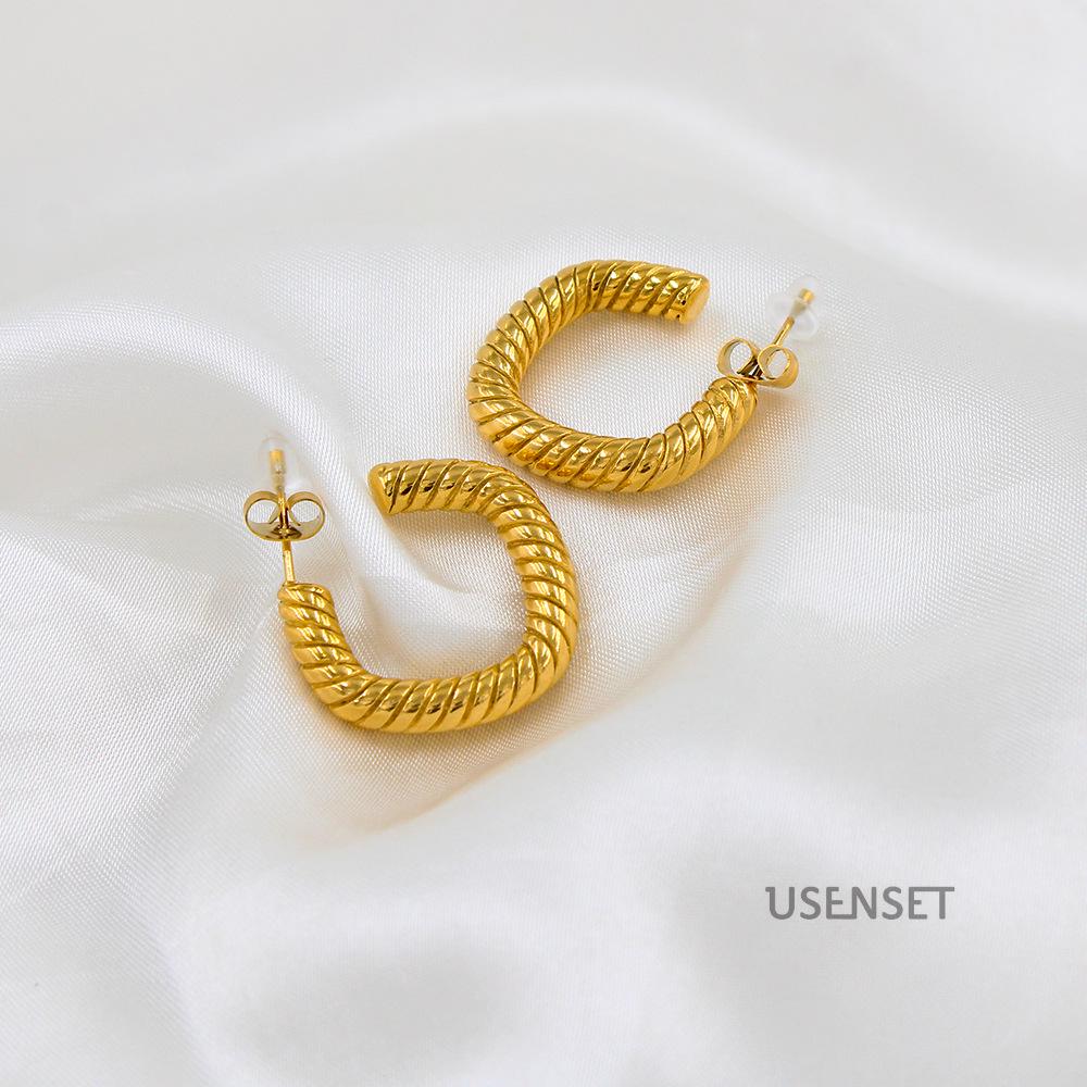 Versatile Stainless Steel Geometric Twist Earrings - Trendy Ribbed Ear Studs