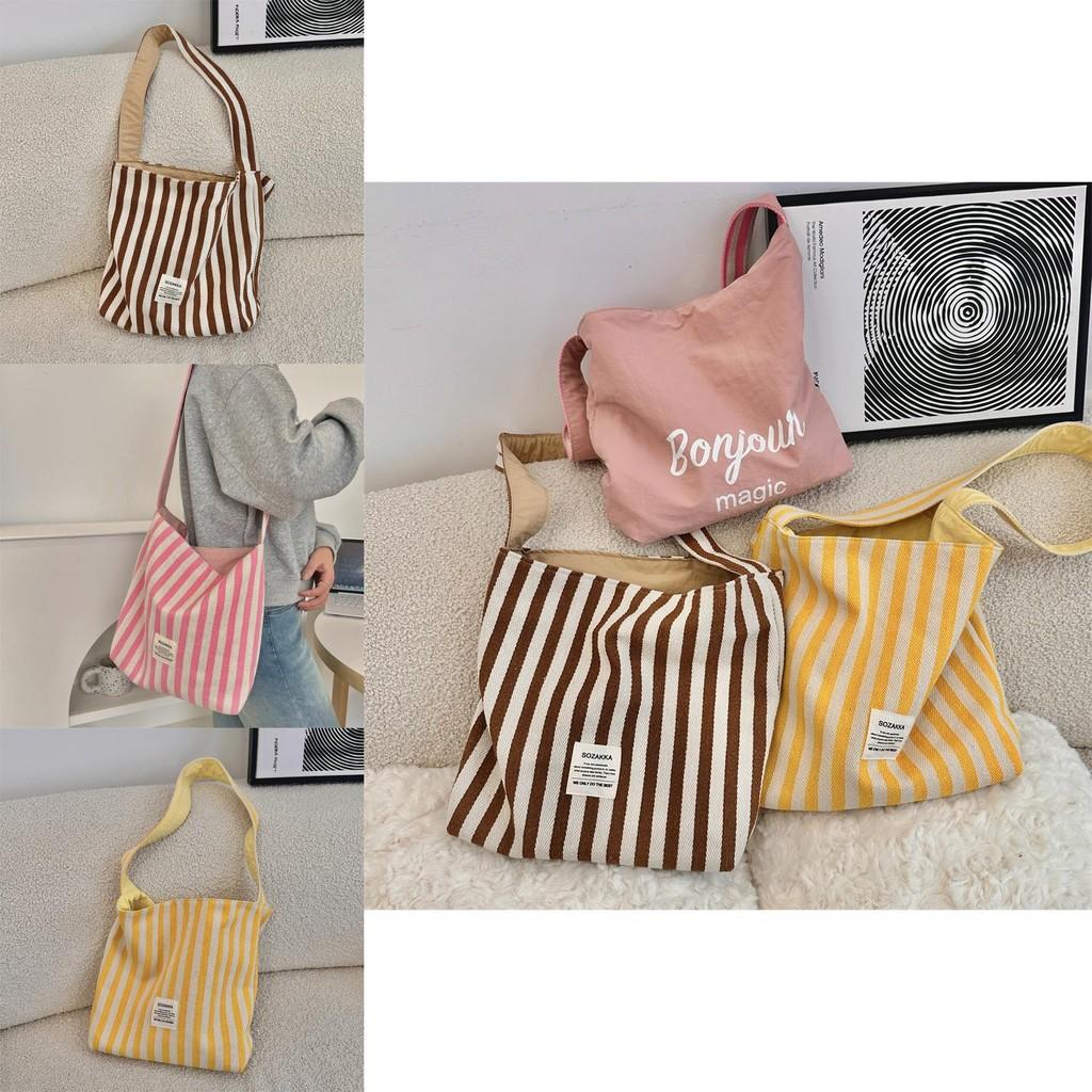 Trendy Yellow Striped Canvas Shoulder Bag For Women Fashionable Versatile Tote