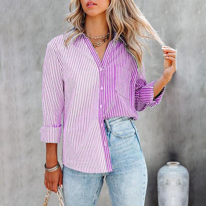 Color Block Lapel Top For Women Office Ready, Elegant Long Sleeve Woven Blouse With Contrast Binding main image 0