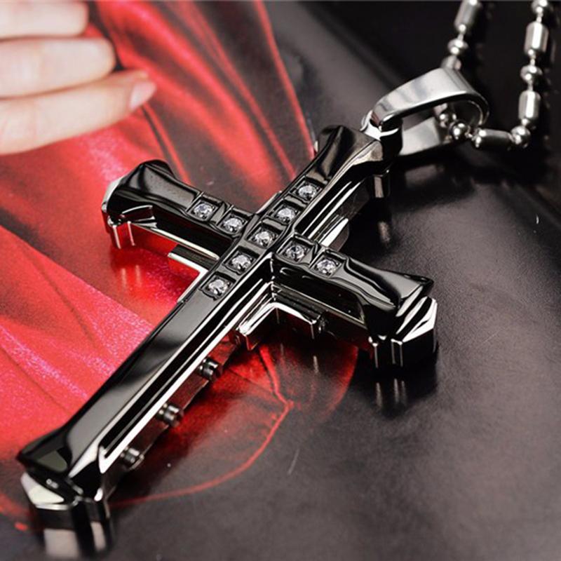 Ins New Cross Pendant Necklace For Men Simple Cool Zircon Black Gold Color Stainless Steel Chain Hip Hop Punk Jewelry Gift