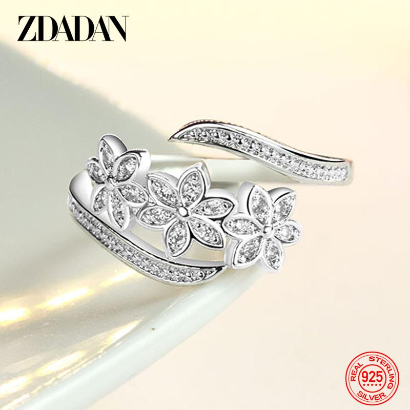 925  Silver Fashion Adjustable Open CZ Flowers Ring For Women Temperament Jewelry Accessories Gift