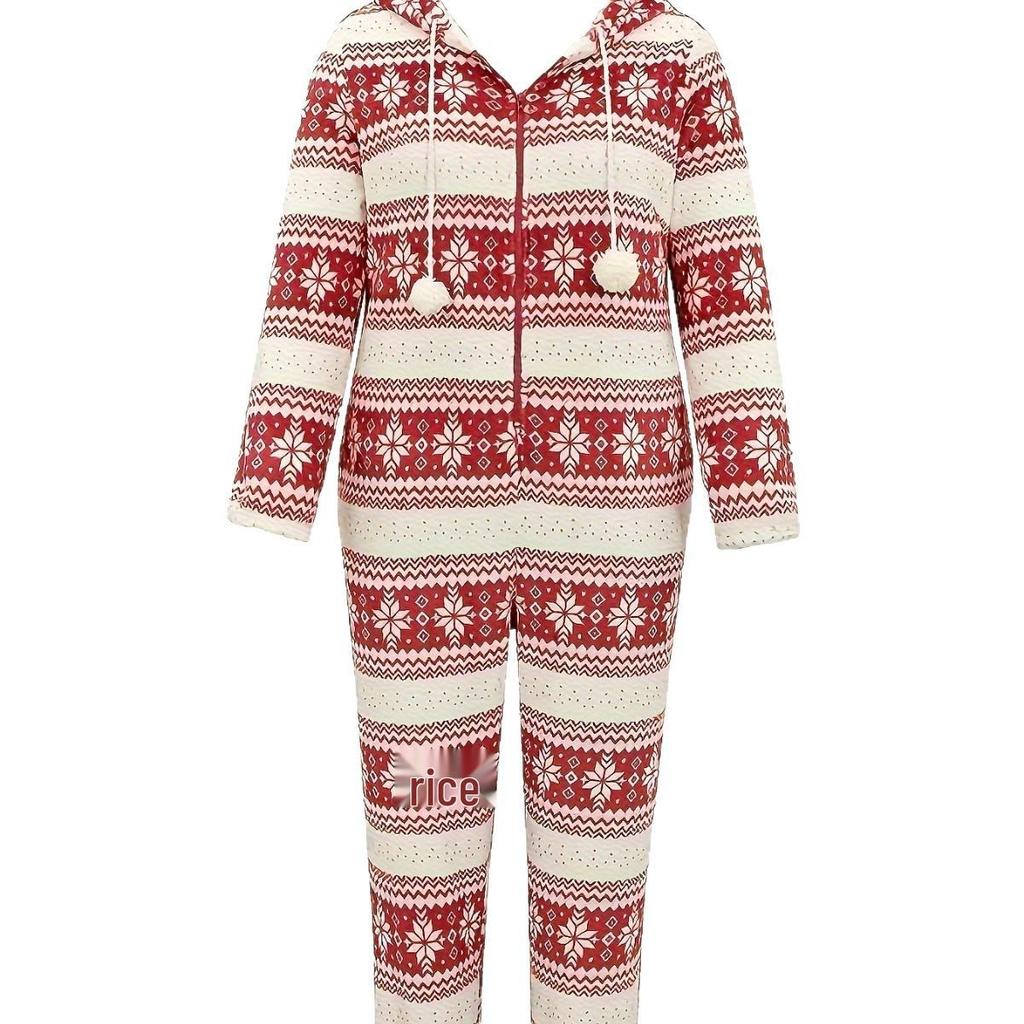 Women's Plus Size Hooded Snowflake Christmas Pajamas - Zippered, Pom-Poms, Thick, and Cozy