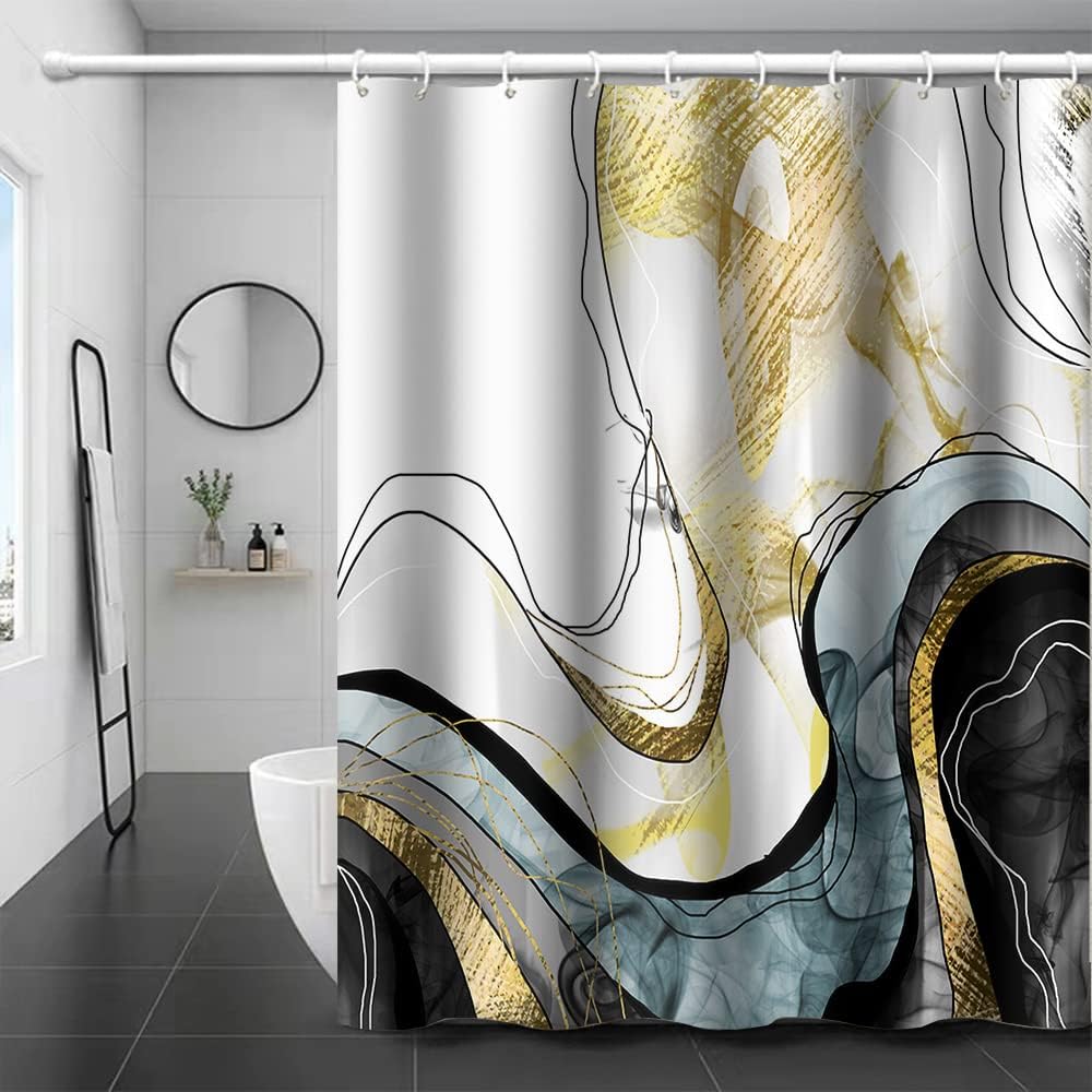 Abstract Marble Shower Curtain Gold Black Luxury Shower Curtain for Bathroom Set Modern Watercolor Texture Ink Painting Luxury