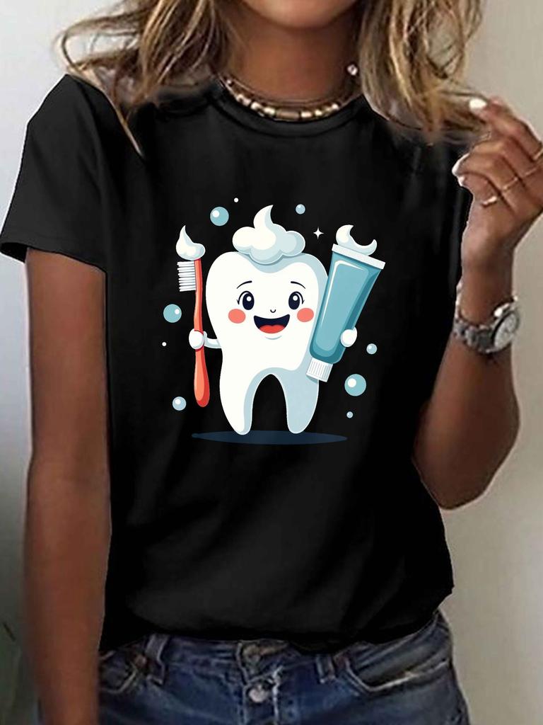 Cute Toothbrush Toothpaste Cartoon Graphic T-shirt