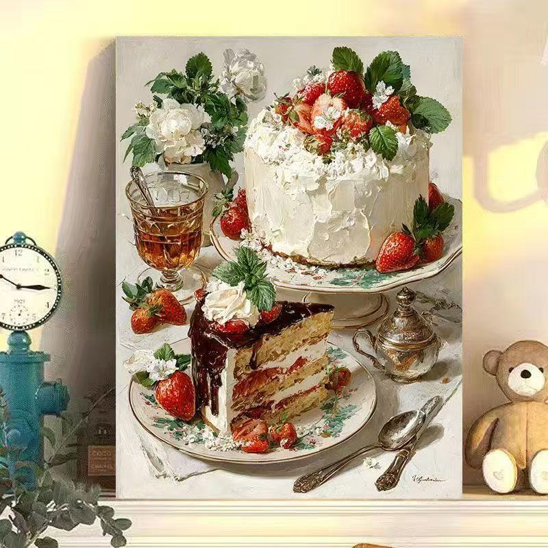 Diy Digital Oil Painting Retro Style Strawberry Cake Series Hand-Filled Coloring Oil Painting Decompression Healing Decoration