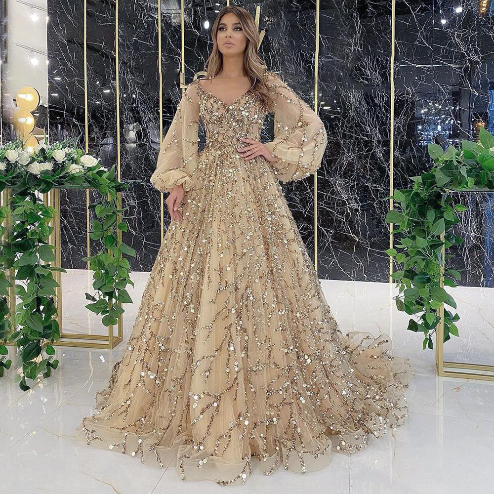 Gold Embellished Evening Gown Sexy Lady Queen Long Dress Heavy Workmanship Women's