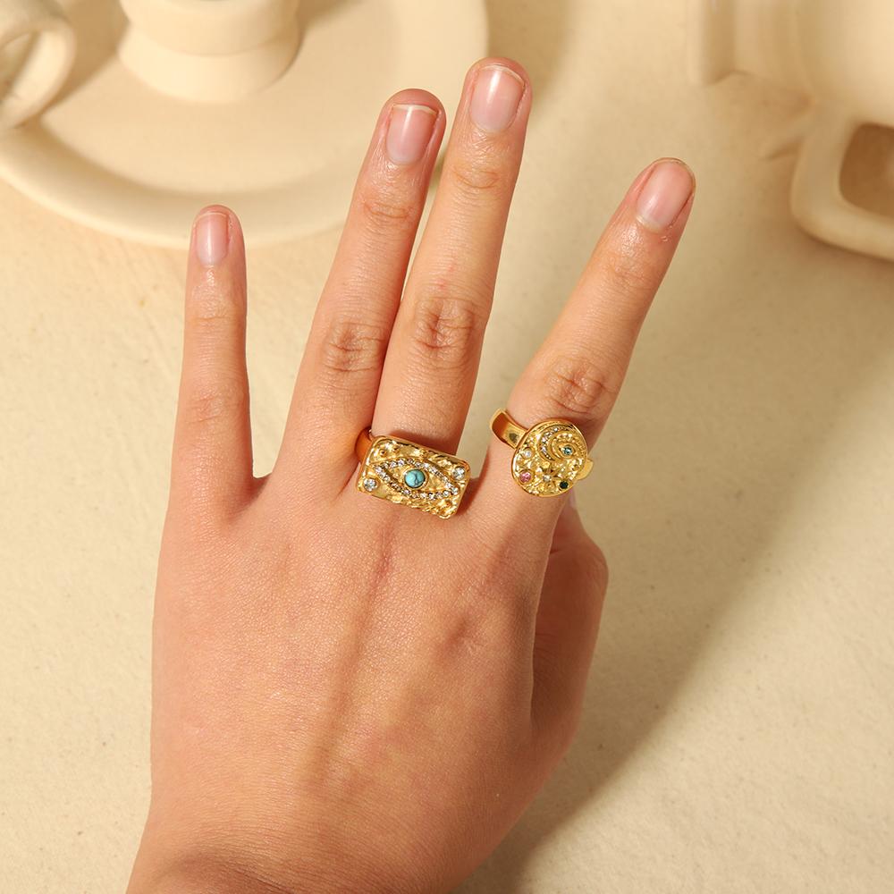 Dainty 18K Gold Plated Stainless Steel Turquoise Zircon Rings Lava Hammered Texture Evil Eyes Rectangle Rings Jewelry