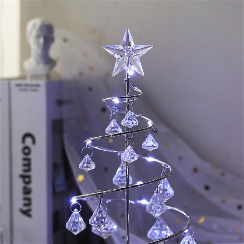 Crystal Star Iron Christmas Tree with LED Light Small XmasTree Table Lamp Christmas Decorations for Home Party New Year