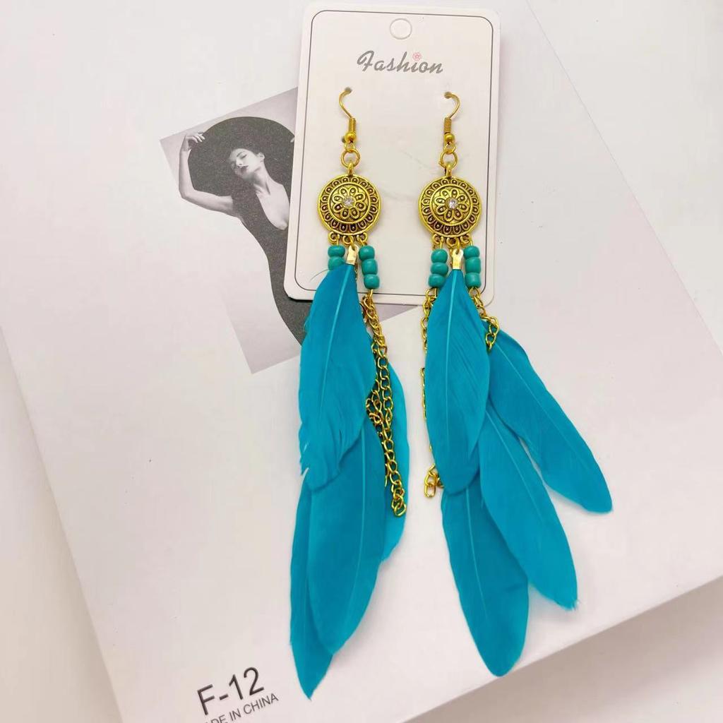 Retro Ethnic Style Feather Earrings Seaside Vacation Accessories Personalized Simple Bohemian Fringed Long Ear Jewelry
