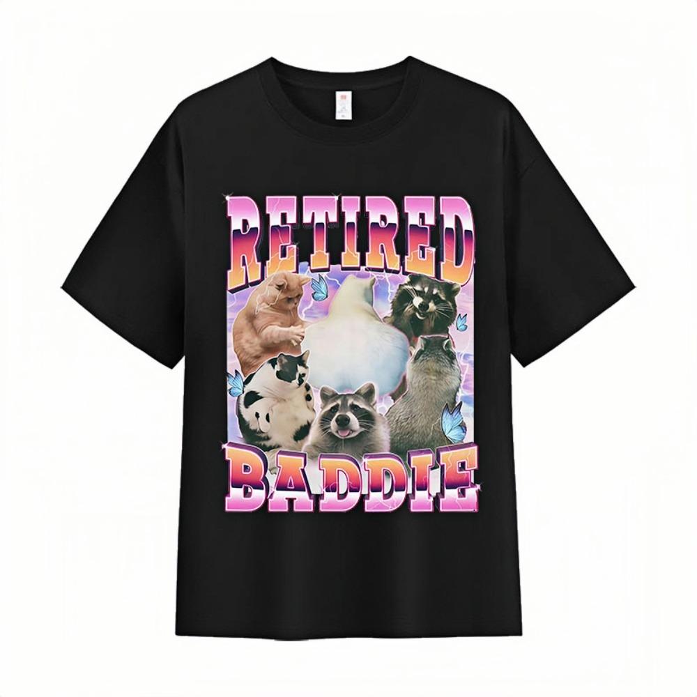 Retired Baddie Cat Raccoon Lover Funny Graphic Print TShirt Unisexs Womens Fashion Oversized TShirt Crew Neck Short Sleeve S