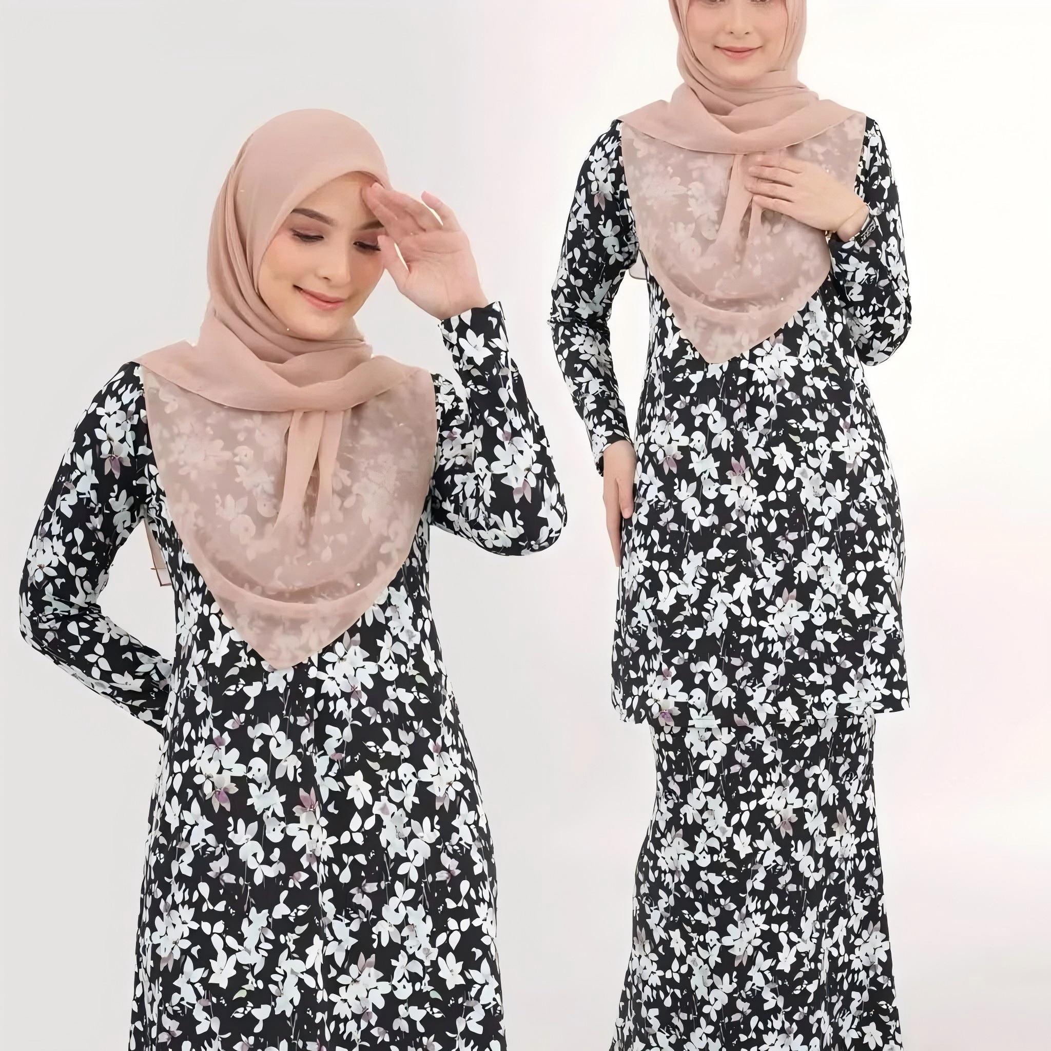 

(Не включая платок) Новый цветочный узор с традиционным принтом Курунг Паханг женский костюм элегантный милый удобный дышащий популярный ретро мусульманский 4XL чёрный