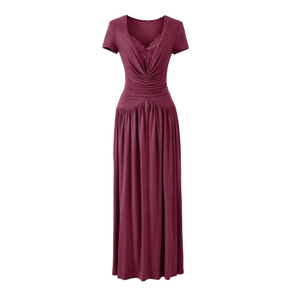 2026 Spring European & American Style Women's Lace Patchwork Waist-Cinching Long Dress with Short Sleeves