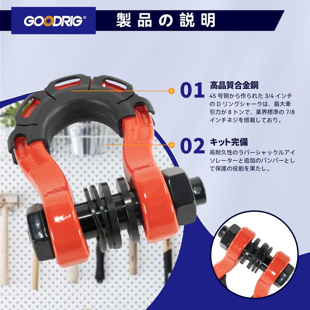 GOODRIG D-Ring Towing Shackle, 3/4" (Set of 2), U-shaped, for Off-Road Vehicles, SUVs, ATVs, Trailers, Campers, Easy Installation, High Strength, Spor
