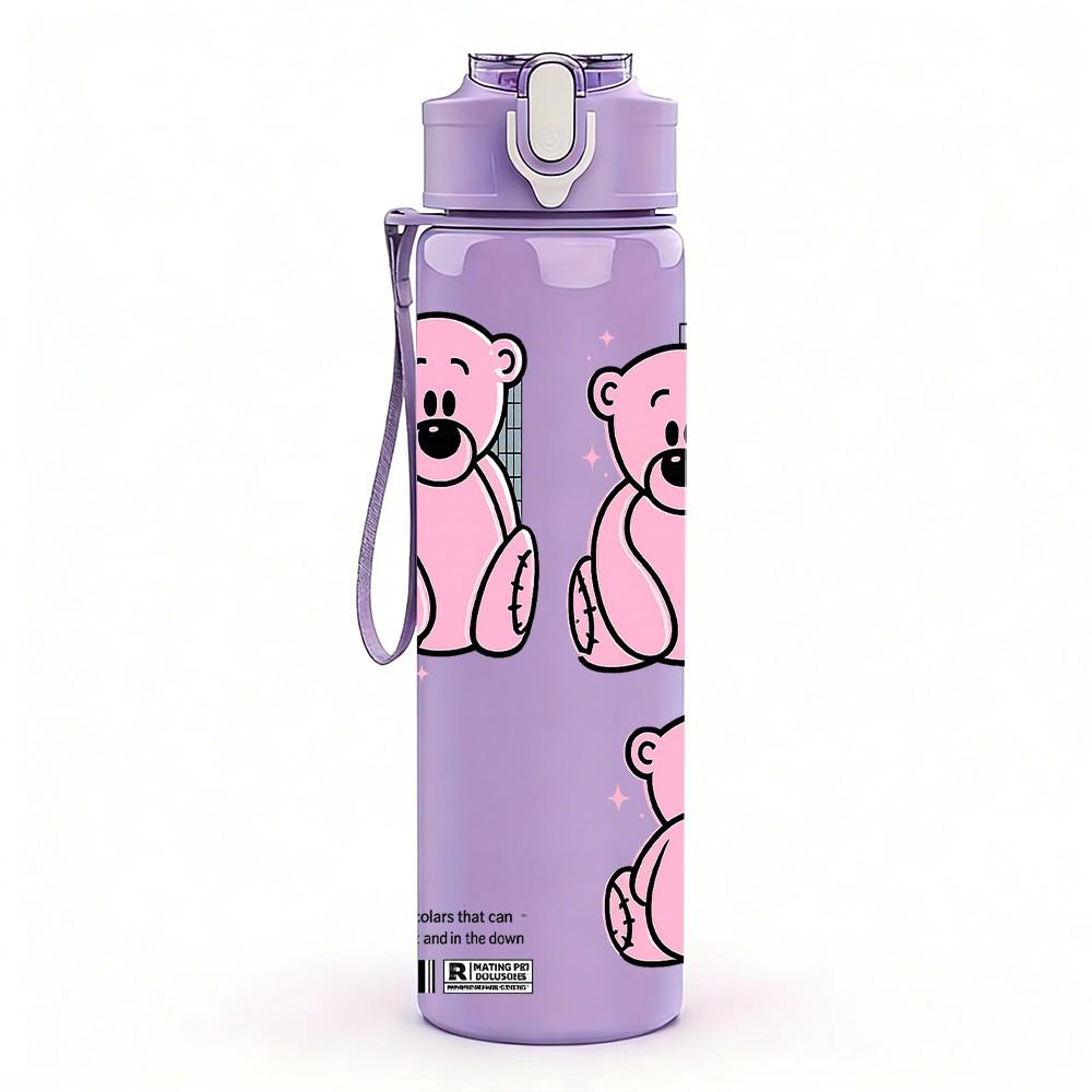 1PC Cute Pink Bear Couple Cartoon Art 750ml Color Plastic Sports Water Bottle Leakproof Flip Straw Lid Suitable for Sports Office Home Use