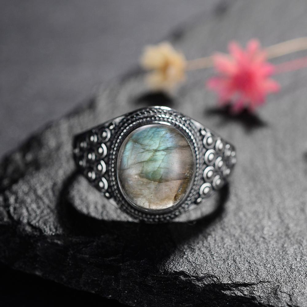 CopperRing for Women Oval Round Natural Labradorite Ring Gift Sun Shaped Retro Luxury Fine Jewelry