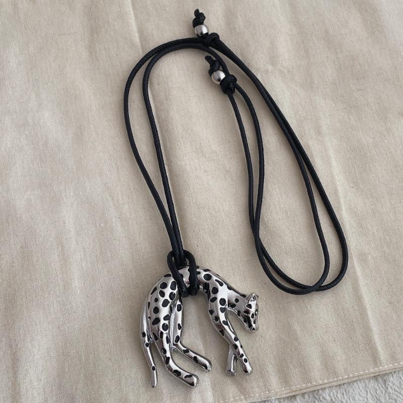Women's Metallic Leopard Pendant Necklace Adjustable Long Black Wax Rope Sweater Chain Unique Design