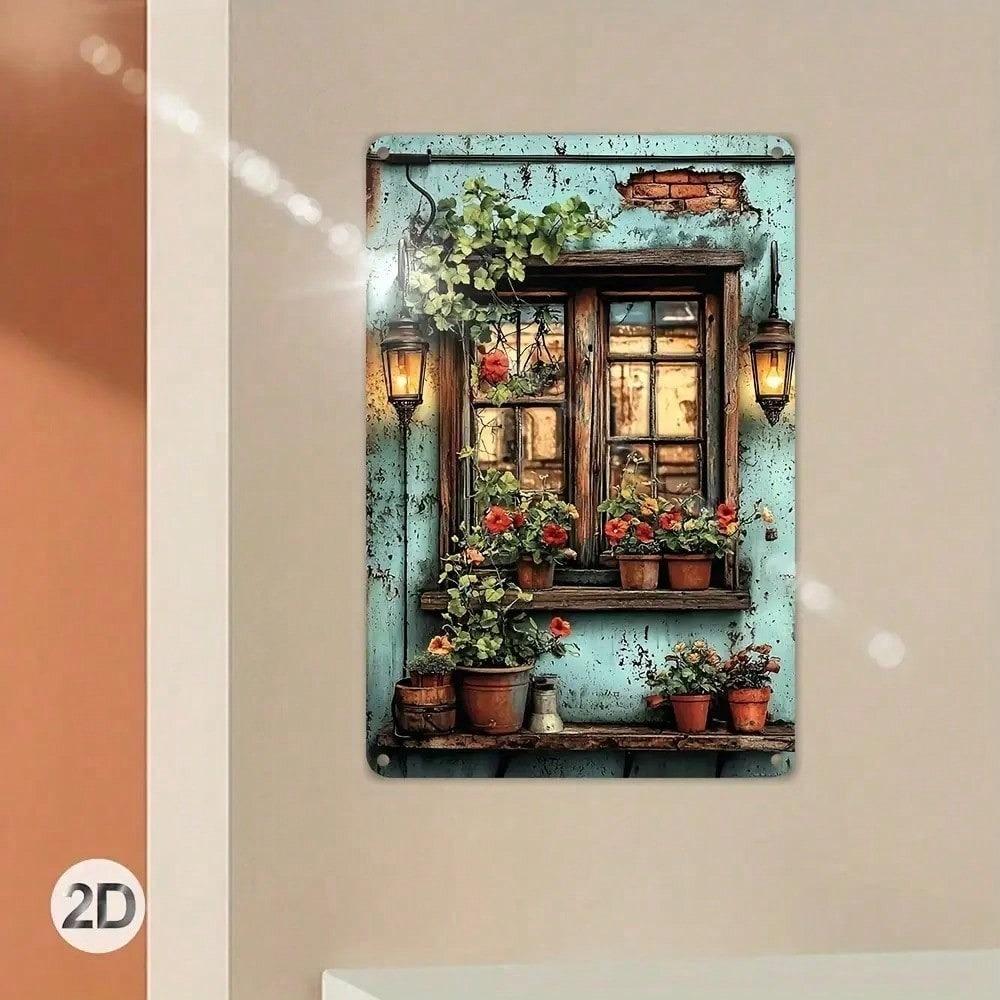 Ventana Rústica Vintage Flor Metal Arte de Pared Impermeable Decoración de Granja Señal