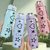 1PC Heart Star Vertical Doodle Art 750ml Color Plastic Sports Water Bottle Leakproof Flip Straw Lid Suitable for Sports Office Home Use